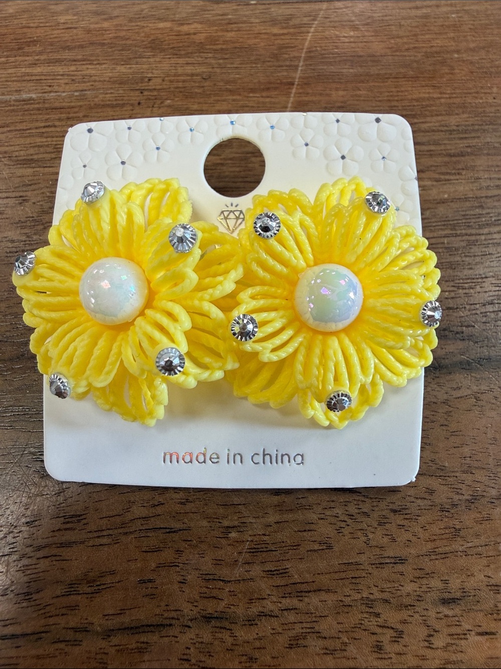 Bright Yellow Floral Earrings with Opal Center and Rhinestone Accents